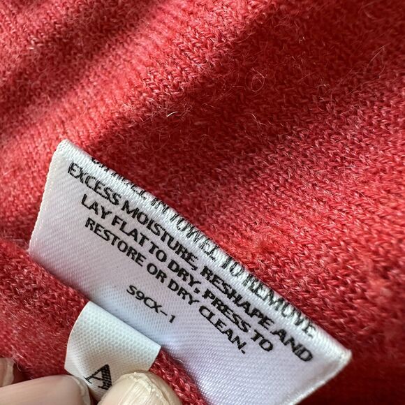 Eileen Fisher Large Pink Coral 100% Cashmere 3/4 Sleeve Cardigan Sweater W/hole - Picture 12 of 15